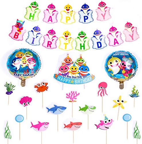 Baby Shark Party Supplies 21 Park include Cake Topper 18 Park and 2 Pcs Baby Shark Balloon, 1 Set Birthday Banner for Kids Baby Shark Themed Birthday Party
