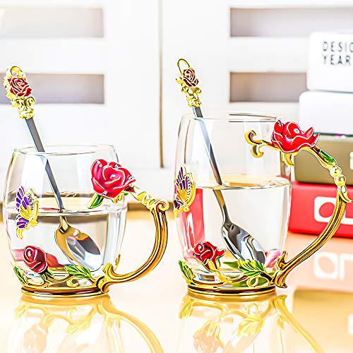 Glass Tea Cups With Spoon Set of 2, Glass Coffee Unique Handmade Mugs Gift For Women