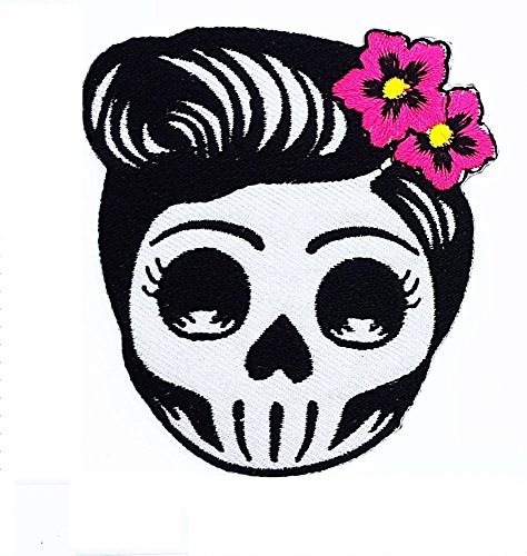 HHO Flower Sugar Skull (gray) Day of the Dead Lady Rider Patch Embroidered DIY Patches, Cute Applique Sew Iron on Kids Craft Patch for Bags Jackets Jeans Clothes