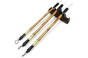 HUAKAILE 3 Sizes Chinese Writing Brush with Wood Rack Pen Rest, Calligraphy Brush Set, Sumi Painting Drawing Brushes, Kanji Art Brushes for Professional Beginners (Large, Medium, Small Size)