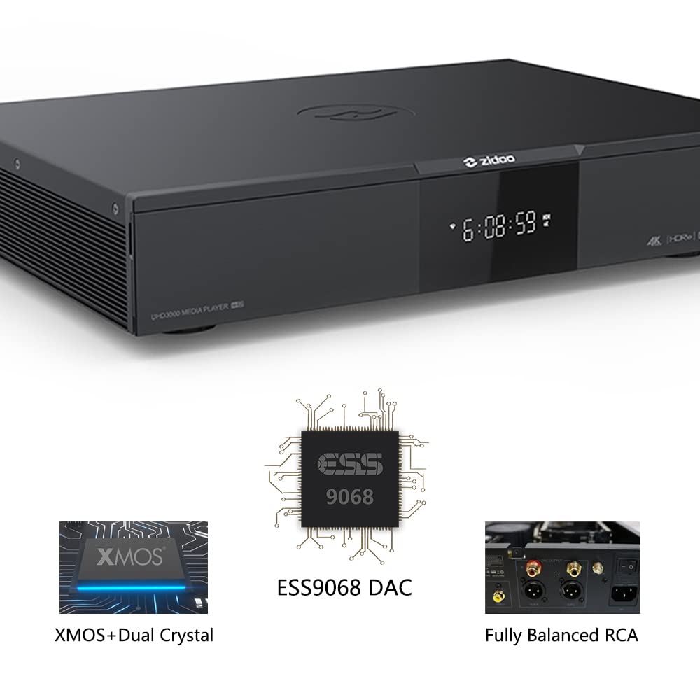 zidoo UHD3000 4K Media Player, Smart HDR Android TV Box | Internal DAC and Xmos | MQA Hardware decoding | Dual HDMI Output Ports | Dual Power Supply | USB DAC in and XLR Output