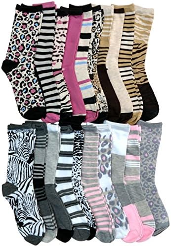 20 Pairs Of WSD Womens Cotton Crew Socks, Soft Touch, Many Colors (20 Pairs Assorted Animal Prints)