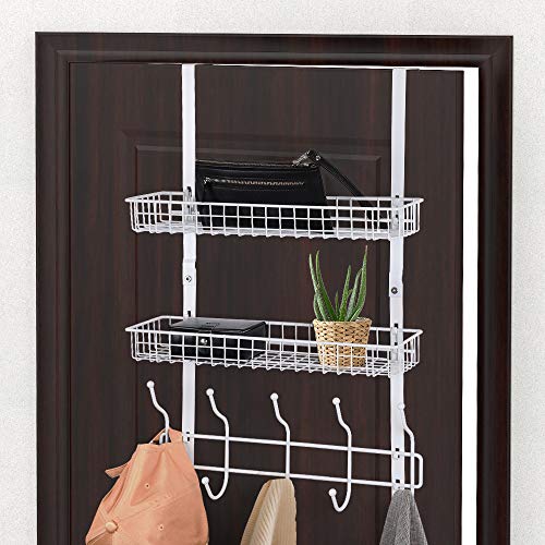 Over The Door Hook 2 Baskets & 5 Hooks Steel Storage Shelf Decorative for Office Home, Storage Organizer Rack for Coat Towel, Jewelry (White) - Thumbnail 2