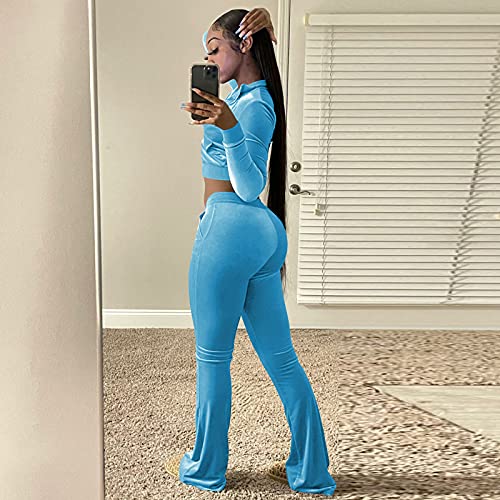 TWO PIECE PANTS OUTFITS FOR WOMEN VELOUR LONG SLEEVE ZIP UP CROP TOPS JACKETS AND FLARED LONG PANT SETS LIGHT BLUE S