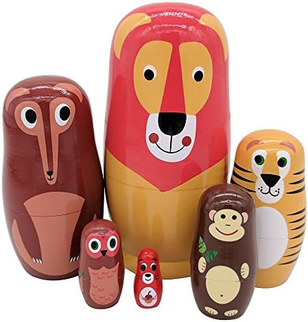 Set of 6 Cute Cartoon Lion Wolf Tiger Monkey Owl Squirrel Forest Animal Style Russian Nesting Dolls Matryoshka Dolls for Kids Toy Birthday Christmas Gift Home Deocration