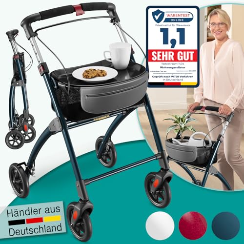 ELONEO Wohnungsrollator 54cm breit, faltbar und leicht, inkl. Tablett & Stoffkorb, Rollator schmal für die Wohnung, Indoor-Rollator, klappbar, Alumini