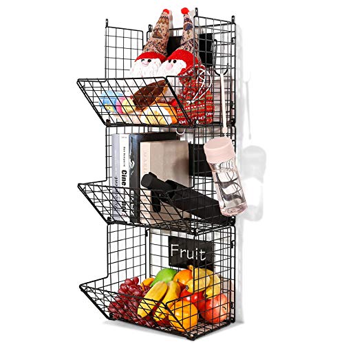 3 Tier Hanging Wire Basket - Wall Mounted Storage Bins for Pantry with Removable Chalkboards, Kitchen Fruit and Vegetable Storage Baskets, Metal Shelves Pantry Organization Containers Rack Produce Bin