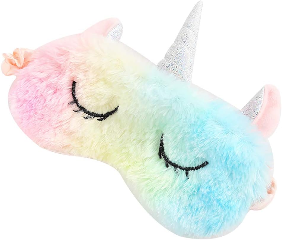kuou Unicorn Sleeping Mask,3D Cute Fluffy Animal Eye Mask Soft Plush Blindfold with Silk Back