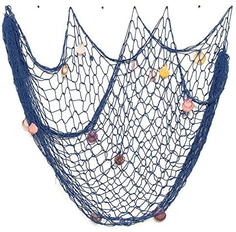 Copiel Fish Net Wall Decor, Nautical Mediterranean Ocean Beach Style Hanging Display Frame with Shells for Party Home Living Room Bedroom Wall Decoration (Blue, 1M x 2M)