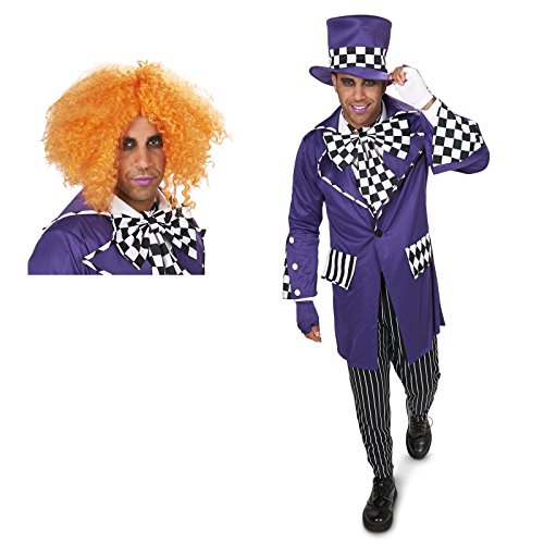 Black and Purple Gothic Mad Hatter Adult Costume and Wig Bundle Set - Large