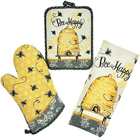Mizlifely 3 Piece Little bee Cotton Kitchen Set - Terry Towels, Oven Mitt, Potholder,Oven Glove （Yellow)