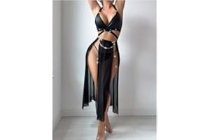 Sexy lingerie for Women,Mesh Sheer Long Dress and Thong 2Piece Set PU Leather Halter Bra Sheer Nightwear