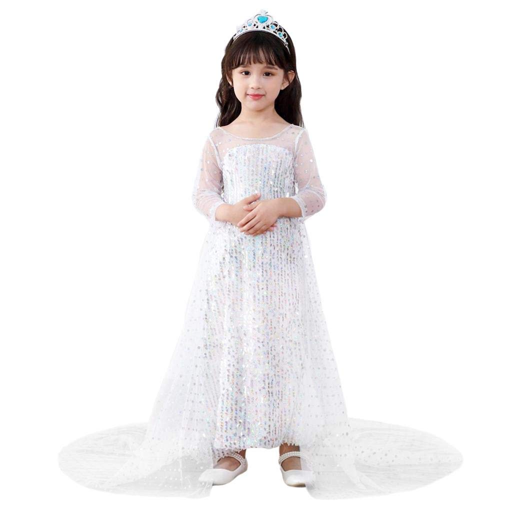Lito Angels Princess Snow Queen White Sequin Fancy Dress Costume with Tulle Train Birthday Party Outfit for Girls Kids Age 5-6 Years
