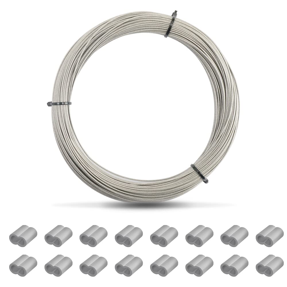 Wire Rope Kit, 50M×1MM Picture Hanging Wire, Coated Garden Wire, Stainless Steel Wire, Picture Wire Heavy Duty with 50 Pieces Aluminum Crimping Loop Sleeves (50)