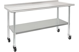 HARDURA RESTAURANT EQUIPMENT HARDURA Stainless Steel Table 24 x 60 Inches with Wheels Casters NSF Heavy Duty Commercial Prep Table with 2” Backsplash and Adjustable Undershelf for Restaurant Kitchen Home and Hotel