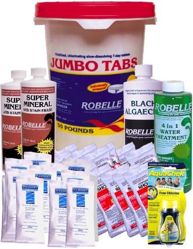 Robelle 3" Chlorine Tablets, Clarifier, Super Mineral, Black Algaecide, Shock, Clarifier Swimming Pool Chemical Kit For Pools Up To 30,000 Gallons