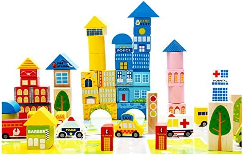 FINIVE Pretend Play Educational Toys Playset, 62Pcs Urban City Transportation Building Blocks Wooden Assembly Kids Baby Toys