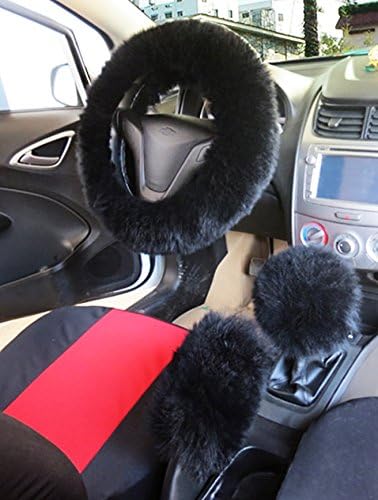 YOUAREFACNY Faux Fur Steering Wheel Cover - Warm Faux Wool HandBrake - Fuzzy Fluffy Sheepskin Gear Shift Cover - 1 Set 3 Pcs - 14.96"x14.96" - For Womens Girls Ladies - 2018 New Arrival- Black