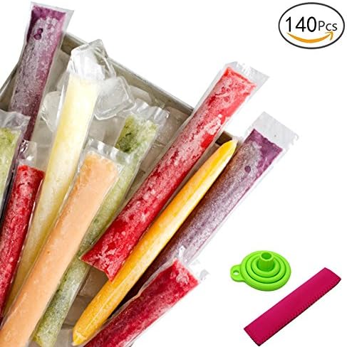 SERONLINE 140pcs Disposable DIY Ice Pop Mold Bags, Popsicle Molds Bags, with 1 Funnel & 1 Ice Popsicle Cover for Yogurt, Popsicle