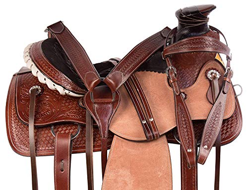 Manaal Enterprises Wade Tree A Fork Premium Western Leather Roping Ranch Work Horse Saddle Tack, Get Matching Headstall, Breast Collar & Reins Size 14″ to 18″ Inches Seat (14.5″ Inches seat)