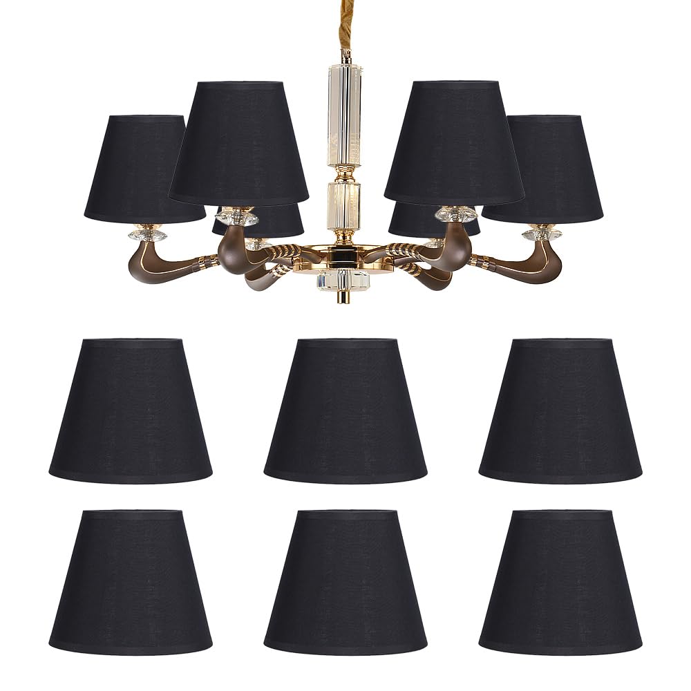 Set of 6 Black Fabric Lampshades, 5.9 Inch E14 Modern Tapered Light Shade with Golden Inner Lining Clip Lamp Shades Wall Lamp Shade Candle Chandelier Lampshades Pendant Lampshade