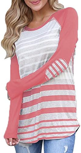 Women's Cotton Color Block Casual Tunic Tops Junior Long Sleeve Stripe T-Shirts Blouses (Medium, Pink)