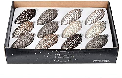 EssenceLiving Glass Christmas Decorations- Set of 12 Painted Glass Pine Cone Hanging Ornaments for Christmas Tree Decor (colour scheme 1)