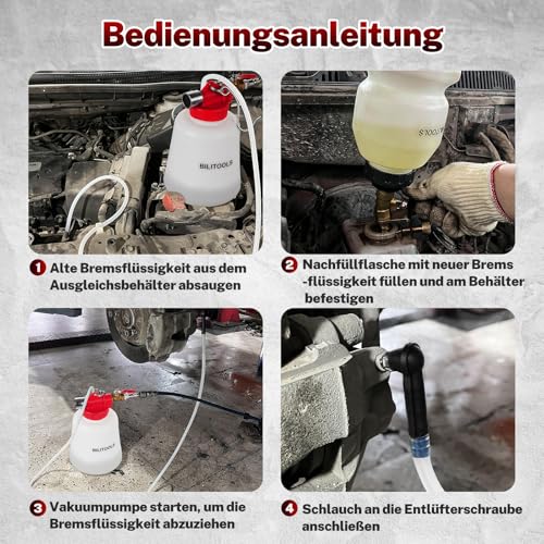 BILITOOLS 1L Universal Brake Bleeding Device Motorcycle & Car - Compressed Air Vacuum Brake Fluid Changer - Professional Brake Bleeding Set Including 4 Adapters