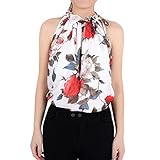 Froomer Fashion Women's Halter Ruffled Neck Chiffon Blouses Sleeveless Floral Shirts (Asian XL, White)
