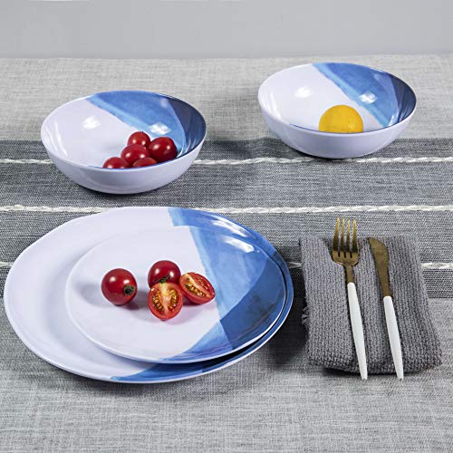 Melamine Plates and Bowls Set 12pcs Dinnerware Dishes Set for 4, Dinner Plates for Indoor and