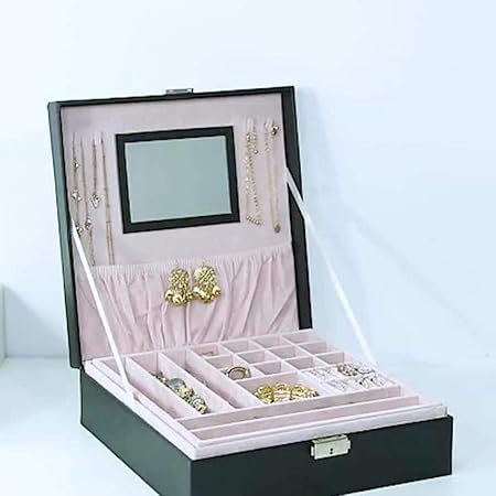 KDABJD Mit Spiegel Leder Schmucketui Doppelschichten Aufbewahrungsbox