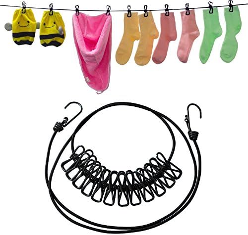 FINEWISH Steel Core Washing Clothes Line, Photo Line Display, Portable Elastic Windproof Clothesline Rope with 12 Clothes Pegs for Home, Travel, Outdoor and Indoor Use, 180-360cm (Black)