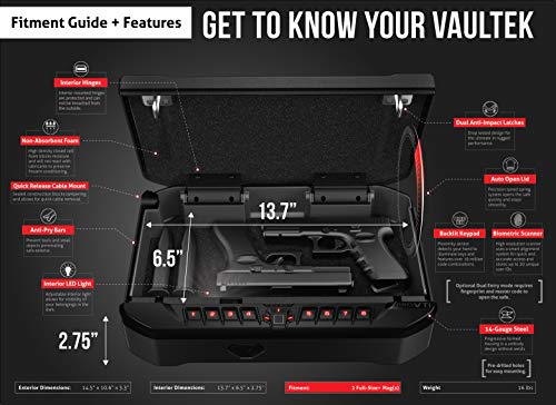 Vaultek VTi Full-Size Biometric Handgun Bluetooth Smart Safe Multiple Pistol Safe with Auto-Open Lid and Rechargeable Battery (Black)