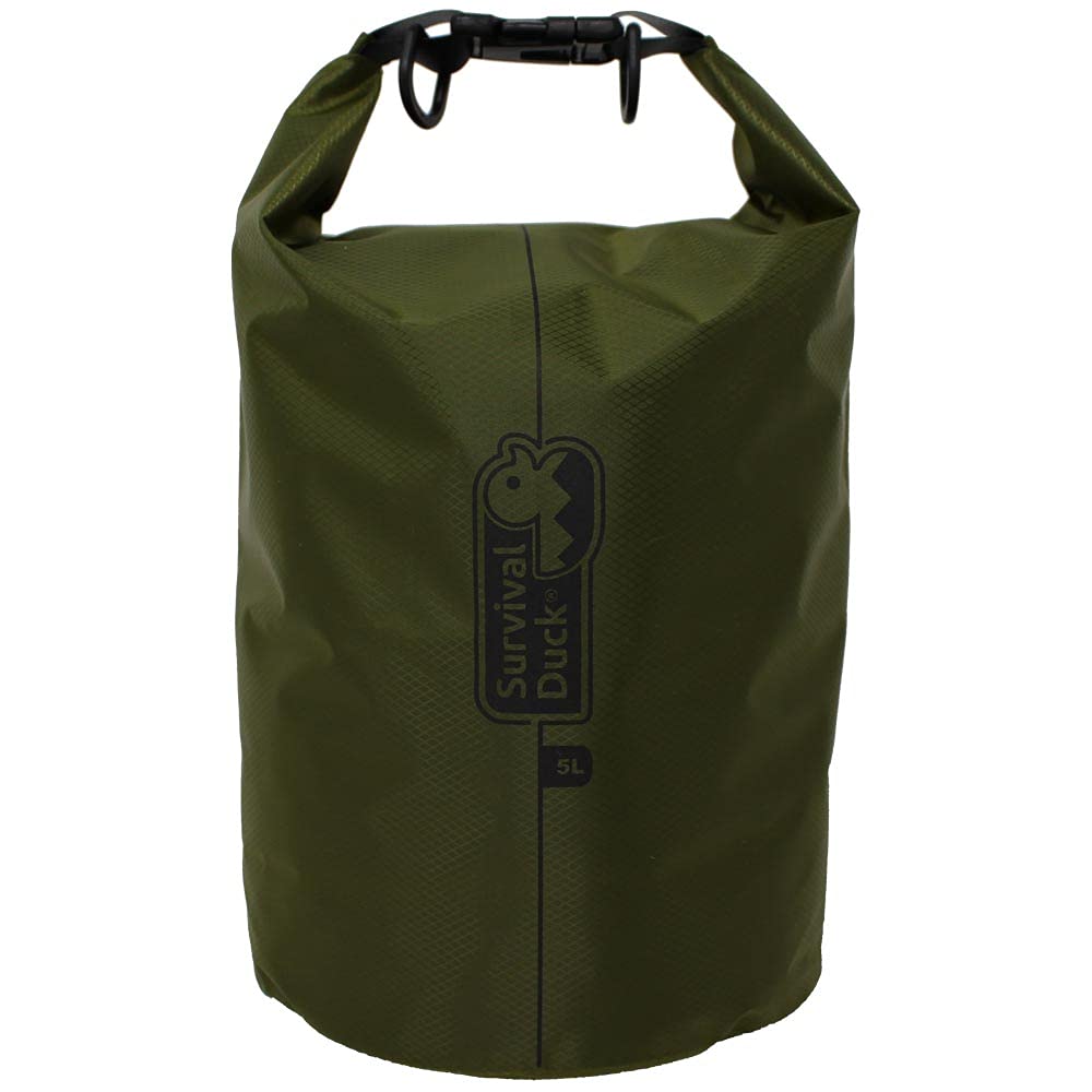 Survival Duck 5 Litre Waterproof Dry Bag Olive Green | Medium Size Ripstop Nylon Round Dry Bag | Great for Camping, Hiking, Paddleboarding, Kayaking, Airsoft | Army Green