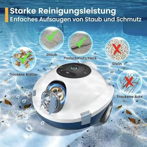 Bocxi Pool Robot, Wireless Pool Vacuum, Cordless Robot Pool Cleaner, Automatic, Powerful Pool Vacuum, 120 Minutes Running Time, Self-Parking, Ideal for Flat Floors up to 100 m² (White)