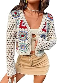 SHENHE Women's Floral Crochet V Neck Button Down Long Sleeve Cropped Cardi