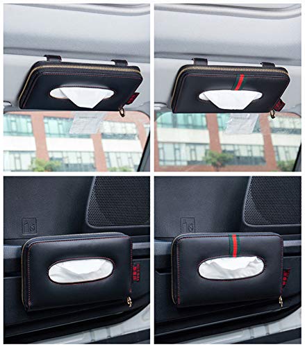 Cartisen Car Tissue Holder, Sun Visor Tissue Holder, Car Visor Napkin Holder, PU Leather Backseat Tissue Case Holder for Car Vehicle with Zipper (Black)