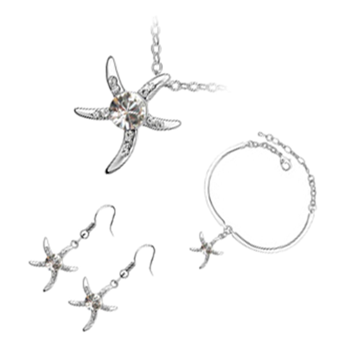 GWG Jewellery Set 925 Sterling Silver Coated Bracelet, Earrings, and Pendant Necklace Starfish with Diamond Clear Stone in Central Disc and Paved with Crystals in Gift Box for Women