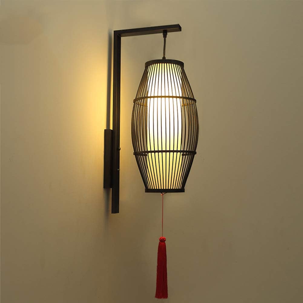 Mikia Creative Wall Lamp, Handmade Bamboo Wall Light Bamboo Lantern Shape Wall Lamp Retro Sconce for Bedroom Corridor Hotel