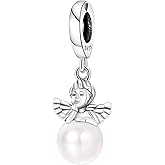NUJIFFY 925 Sterling Silver Charms Beads for Bracelets Necklaces, Cute Angel Charm with Pearl Wings Birthday Gifts Pendant Jewelry for Women Men