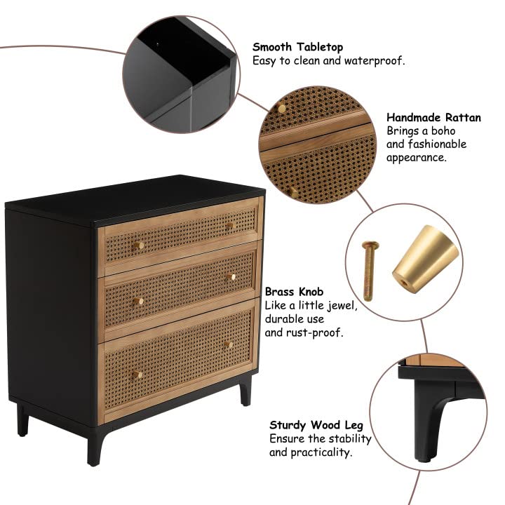 COZAYH FullyAssembled 3Drawer Woven Cane Front Accent Dresser with