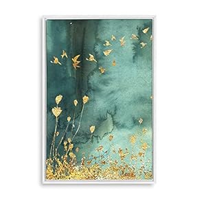 Framed Canvas Home Artwork Decoration Golden Flower in The Blue Lakebed Canvas Wall Art for Living Room, Bedroom - 16x24 inches