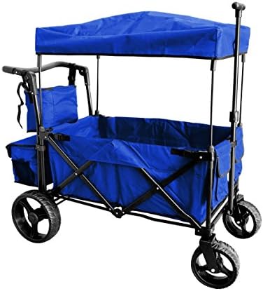 BLUE PUSH AND PULL HANDLE WITH WIDE OFF ROAD ALL TERRAIN TIRES BEACH OUTDOOR SPORT COLLAPSIBLE FOLDING STROLLER WAGON BABY TROLLEY W/ CANOPY GARDEN UTILITY SHOPPING TRAVEL CARTFREE CARRYING BAG