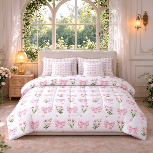 Erosebridal Princess Bowknot Twin Comforter Set 7 Pieces,Pink Bows Floral Bed in A Bag,Bowtie Tulips Bedding Set with Comforters, Sheets, Pillowcases Cute Bedroom Decor at Amazon