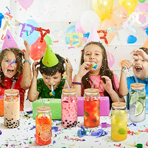 Gavoyeat Drinking Glasses with Bamboo Lids and Straw Set of 6, 16oz Can Shaped Glass Cups Beer Glass Iced Coffee Glasses Cute Tumbler Cup for Fruit juice, Smoothie, Boba Tea, Water