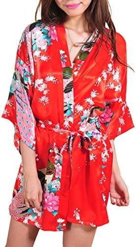 Fashionshop365 Women's Kimono Style Satin Robe - Peacock &amp; Blossom Design, Short Red M