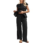 Tankaneo Womens 2 Piece Outfits Pleated Cap Sleeve Babydoll Blouse Wide Leg Pants Cotton Travel Vacation Sets