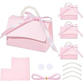 BENECREAT 16Set Wedding Favors Box DIY Set, Pink Kraft Paper Box with Pearl Handle, Ribbons, Stickers, Gift Boxes for Birthday, Party Favor, Boutique, Wedding and Anniversary
