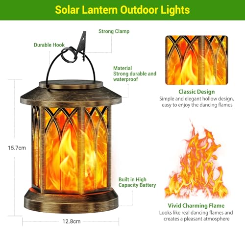 GEARLITE Garden Solar Lights for Outdoor Hanging, 2 Pieces Solar Lanterns for Outdoor Use with Realistic Flame Effects, IP65 Waterproof Solar Lights, Garden Decoration with Clips for Outdoor Yard (2, Bonze)