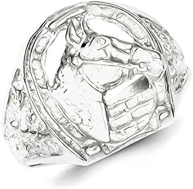 Men's 925 Sterling Silver Polished &amp; Textured Horseshoe w/Horse Head Ring Size 10